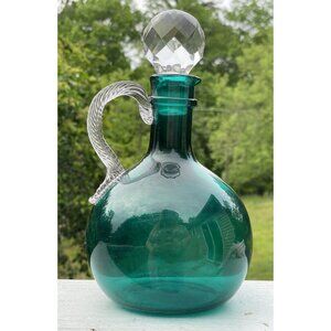 Antique Hand-Blown Green Glass Whiskey Jug Cruet Decanter w Twist Applied Handle